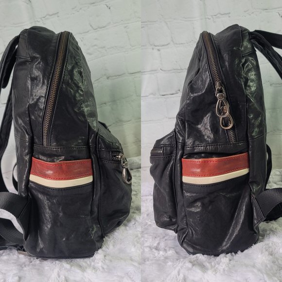 ARMANI JEANS Black Leather Backpack With Red White Stripe on The Side Pocket - Picture 5 of 15